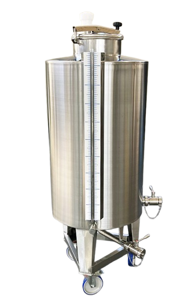 Cuve inox ISTOC avec options : Roues, barre de renforcement entre les pieds, tube niveau de erre gradué + plaque inox, vanne latérale, canalisation + vanne fond de cuve