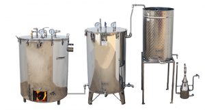 ALAMBIC / DISTILLATEUR INOX SPCV-PRO1C avec bouilleur vapeur foyer inox chauffé au BOIS