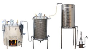Alambic distillateur INOX SPCV SPA 25 à 50 Litres, avec bouilleur vapeur foyer inox chauffé au bois + cuve de distillation + refroidisseur + support + essencier inox + tuyauteries