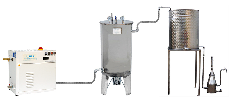 Générateur vapeur MA9 + alambic distillateur 100 Litres + refroidisseur condenseur adapté + essencier inox + tuyauteries inox