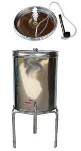 Fut inox fond plat pour macérations de plantes avec options : support trépied, vanne de prélèvement ou robinet latéral, couvercle flottant avec kit complet.
