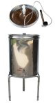 Fut inox fond plat pour macérations de plantes avec options : support trépied, vanne de prélèvement ou robinet latéral, couvercle flottant avec kit complet.