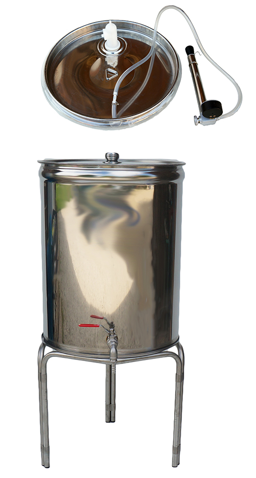 Fut inox fond plat pour macérations de plantes avec options : support trépied, vanne de prélèvement ou robinet latéral, couvercle flottant avec kit complet.